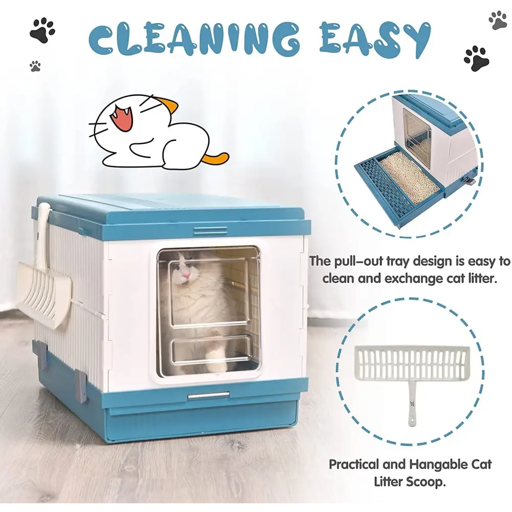 YES4PETS XL Portable Cat Toilet Litter Box Tray Foldable House with Handle and Scoop Blue - Pet Care > Cat Supplies >