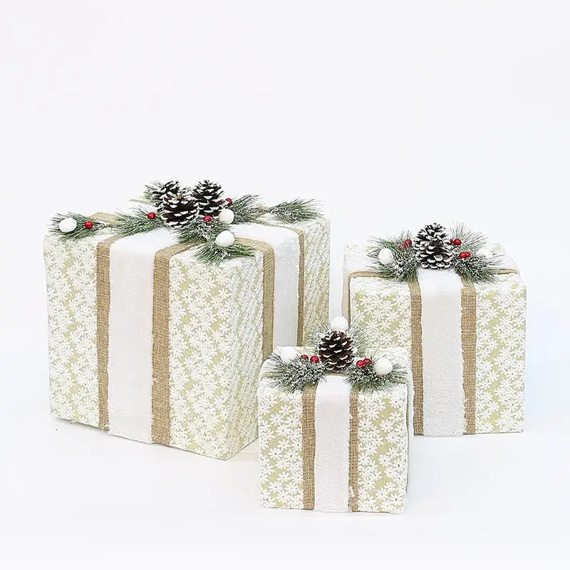 YH99032 Set of 3 Decorative Christmas Gift Boxes with Pine Cones & Berries,without lights - Holiday Decor for Indoor