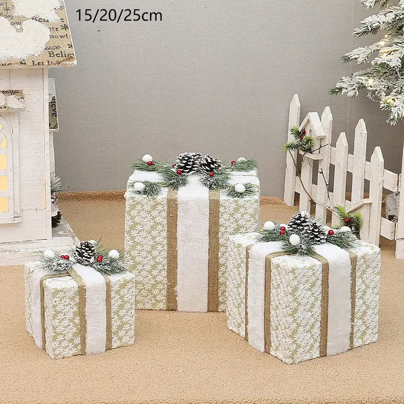 YH99032 Set of 3 Decorative Christmas Gift Boxes with Pine Cones & Berries,without lights - Holiday Decor for Indoor