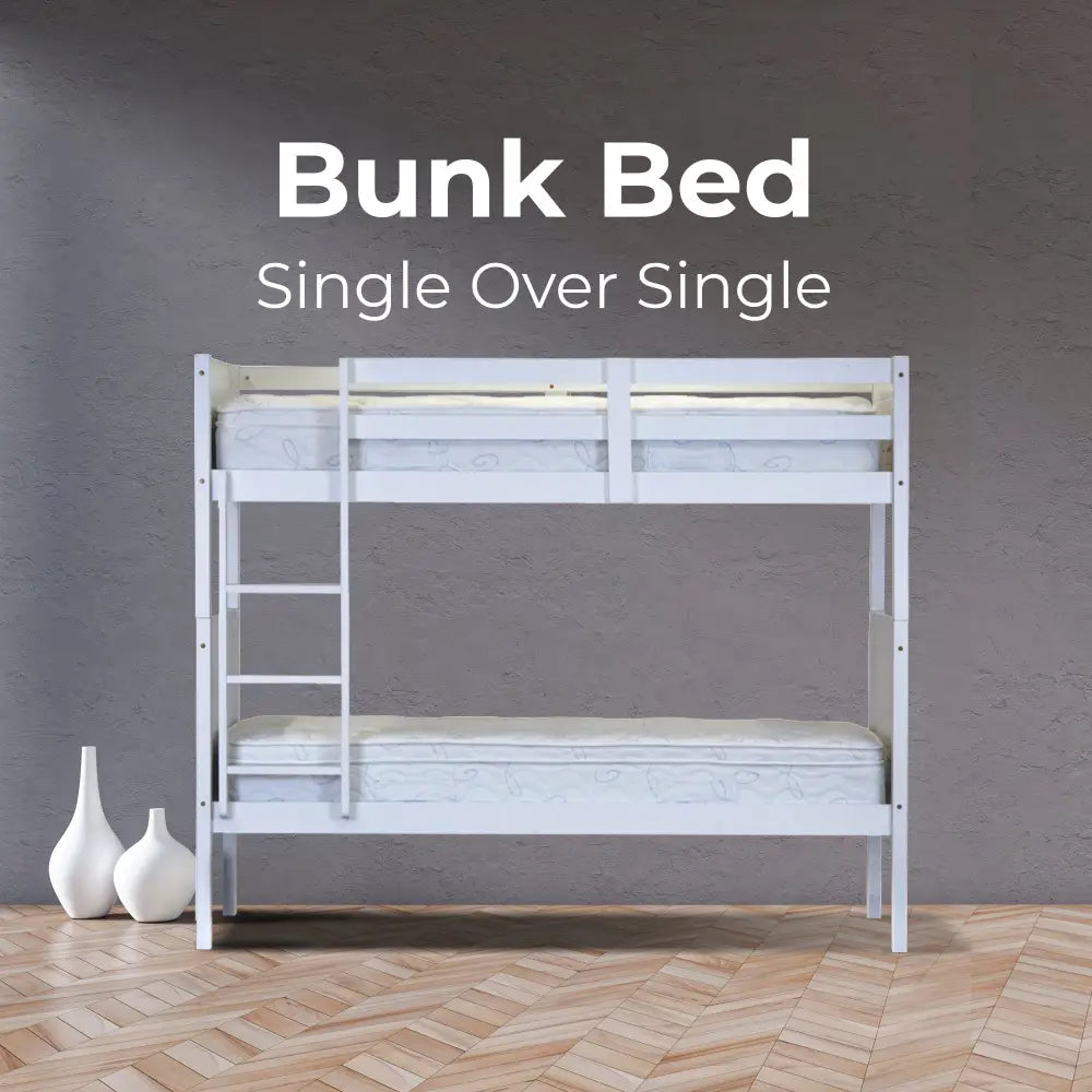 Zinnia Single Bunk Bed Frame Solid Rubber Timber Wood Loft Furniture - White - Furniture > Bedroom > Beds & Bed Frames