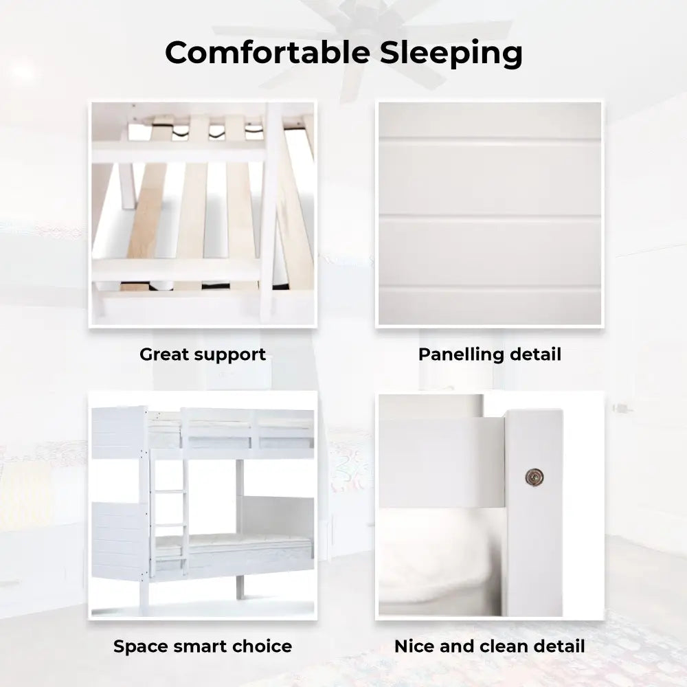 Zinnia Single Bunk Bed Frame Solid Rubber Timber Wood Loft Furniture - White - Furniture > Bedroom > Beds & Bed Frames