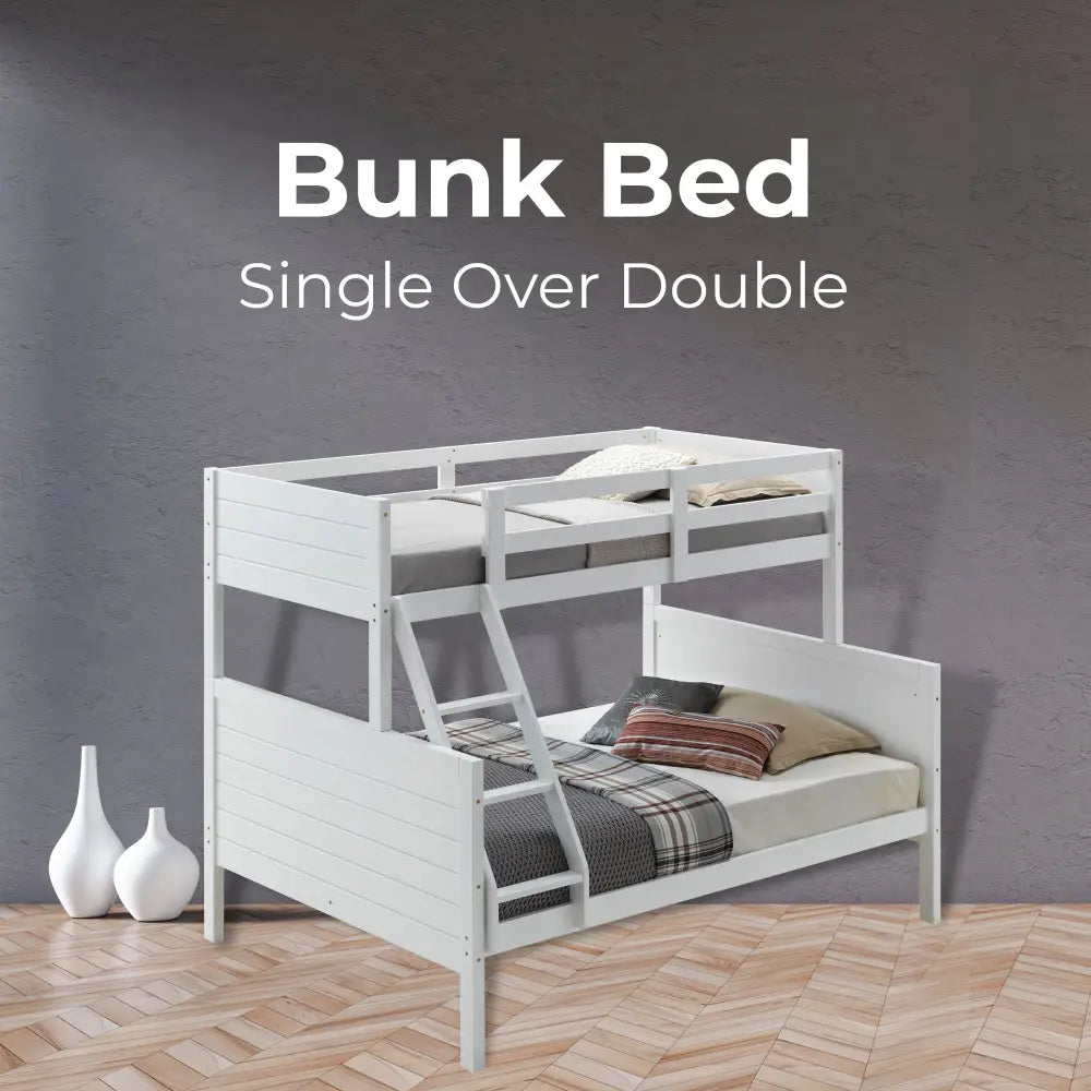 Zinnia Single Double Bunk Bed Frame Rubber Timber Wood Loft Furniture - White - Furniture > Bedroom > Beds & Bed Frames